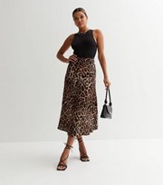 New Look Brown Leopard Print Satin Midi Skirt